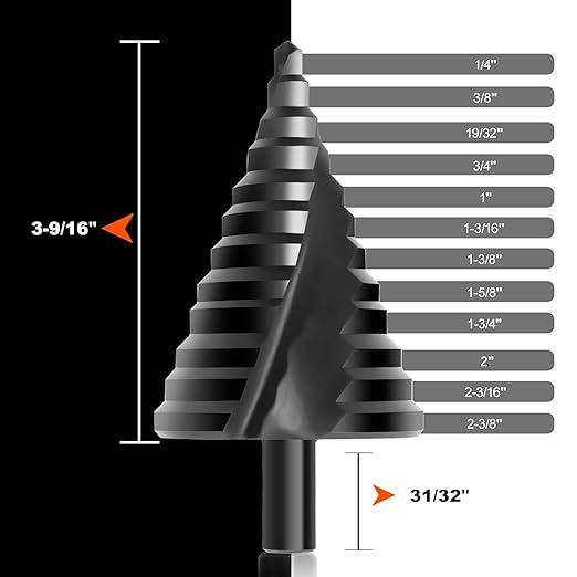 COMOWARE Step Drill Bit, 12 Sizes from 1/4" to 2-3/8", High Speed Steel Step Bit with 2 Spiral Flutes, 3-Flat Shank, Steps Bits for Metal, Aluminum/Wood/Plastic/Iron, Unibit for Electricians & DIY