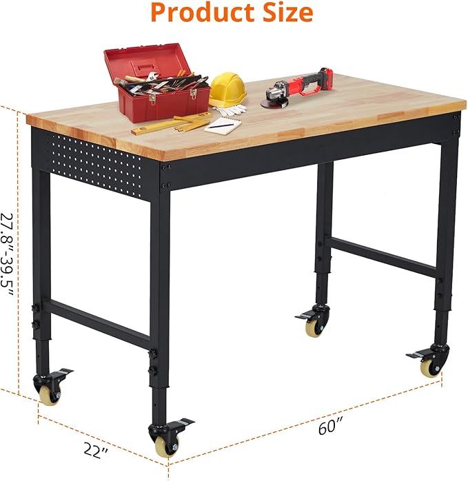 60x22 Inch Heavy-Duty Adjustable Workbench with Rubber Wood Top – 2000LB Capacity Mobile Garage Workstation, Locking Wheels, Power Outlets, Ideal for Workshop, DIY & Tool Storage