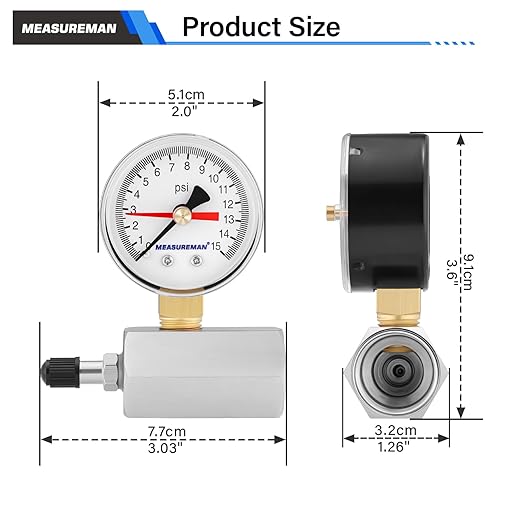 MEASUREMAN 2” Air Pressure Gauge, 0-15 PSI, Black Steel Case, Red Memory Pointer, Brass Fittings, Durable Plastic Lens, Radial Mount for Accurate Pressure Monitoring