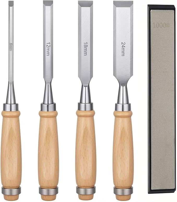 4 Piece Wood Chisel,WoodCraft Precision Steel Wood Chisel Set,Chromium Vanadium Wood Carving Chisel Kit,Heavy Duty Woodworking Chisel with Ergonomic Handle