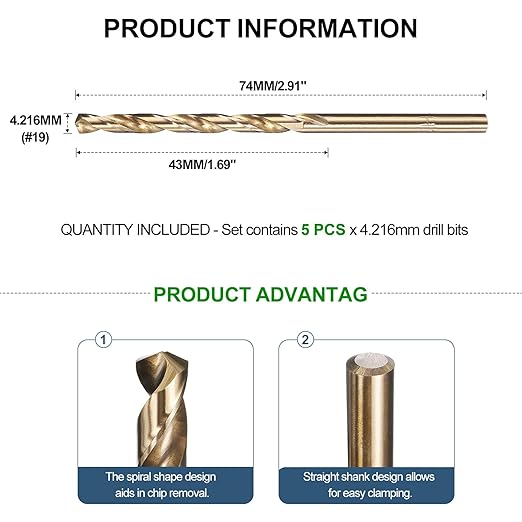 METALLIXITY Drill Bit (#19) 12Pcs, M2 High-Speed Steel Micro Number Bits Spiral Flute 135°Point Tip Gold Finish for Stainless Steel Iron Copper Aluminum Hard Metal
