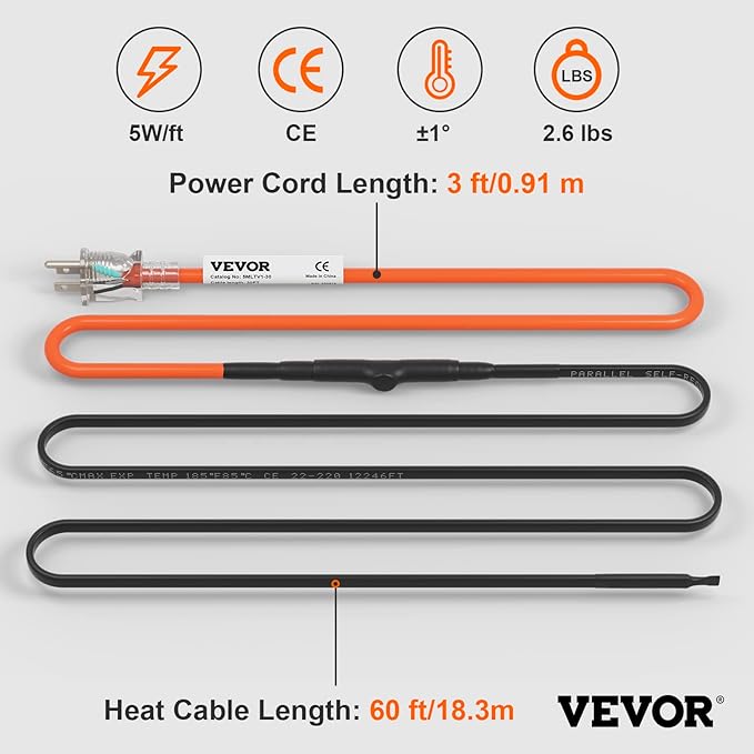VEVOR Self-Regulating Pipe Heating Cable, 60-feet 5W/ft Heat Tape for Pipes Freeze Protection, Protects PVC Hose, Metal and Plastic Pipe from Freezing, 120V