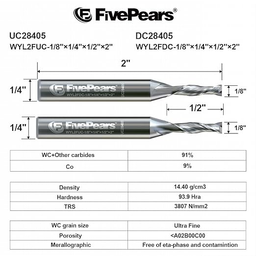 FivePears Up&Down Cut Spiral Router Bits Set for CNC, 1/8 inch Cutting Diameter and 1/2 inch Cutting Length 1/4 inch Shank Carbide End Mill Router Bit for Wood Carving Engraving Grinding Grooving