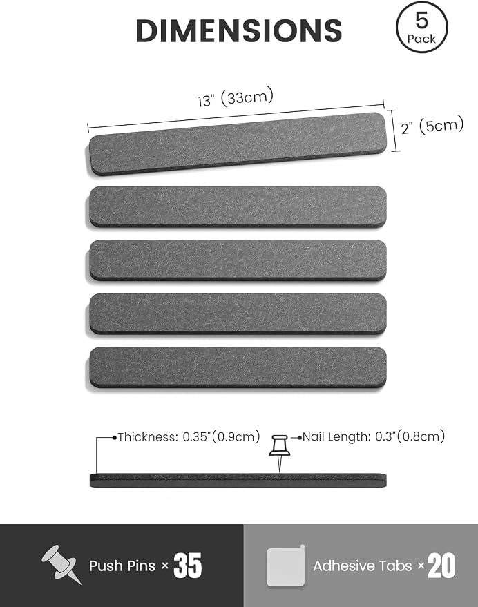 Fluxynara Cork Board Alternative Felt Strip Board 5-Pack 13"x2", Office Pin - Image 2