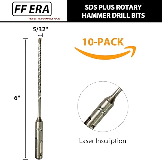 10-Pack SDS Plus 5/32" x 6" Rotary Hammer Drill Bits, Carbide Tipped for Brick, Stone and Concrete