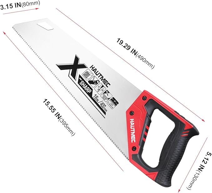 HAUTMEC 16-Inch X-Sharp Pro Hand Saw, Universal Wood Saw with 11 TPI Triple Ground Teeth & Ergonomic Handle,Multi-Purpose Handsaw for Wood, PVC, Plastic – HT0152
