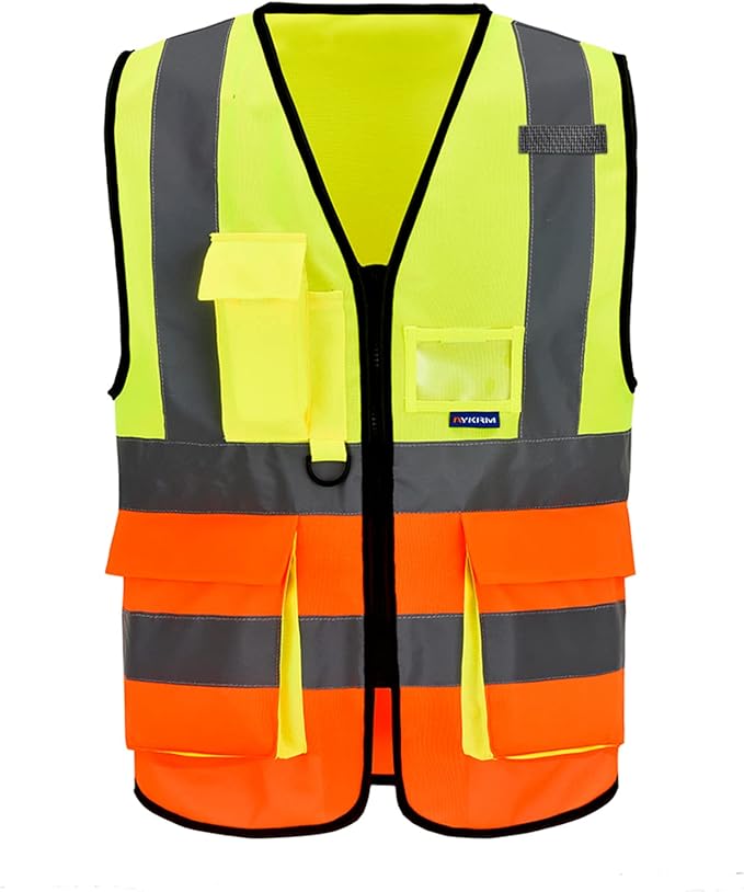 Yellow&Orange Color Mixed High Visibility Safety Vest with 7 Pockets with Reflective Strips and Zipper, X-Small