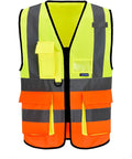 Yellow&Orange Color Mixed High Visibility Safety Vest with 7 Pockets with Reflective Strips and Zipper, X-Small