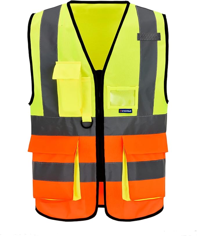 4XL-5XL High Visibility reflective Safety Vest with Pockets and Zipper, Yellow&Orange Color Mixed