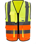 A-SAFETY Industrial Safety Vest, Hi Vis 9 Pockets High Visibility Zipper Front Reflective Safety Vest, Orange&Yellow Color Mixed, XL