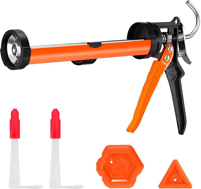 Holothurian Caulking Gun, No-Drip Hand Caulk gun, Silicone Gun with Comfort Grip, 1/10 Gallon Cartridge, 12:1 Thrust Ratio, and Two Nozzles and Scraper