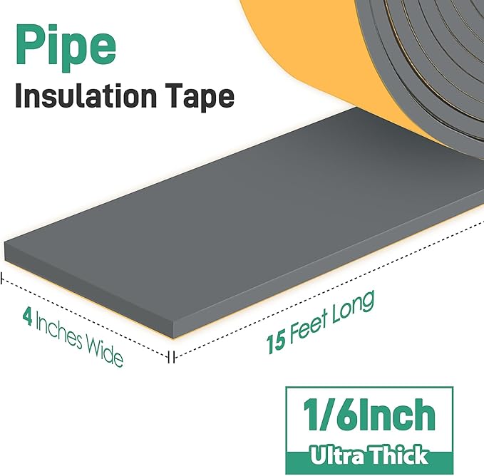 Pipe Insulation Tape, Foam Insulation Tape for Outdoor Pipes Winter Freeze Protection, Foam Pipe Insulation Wrap, Heat Tape for Water Pipes, Copper Pipes, PVC, AC Line, 4in x 15ft, Grey