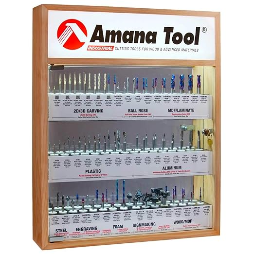 Amana Tool AMS-CNC-48M, Metric CNC Master Router Bit Collection Includes 48 SKUs and LED Illuminated, Mirrored Interior and Solid Wood Display