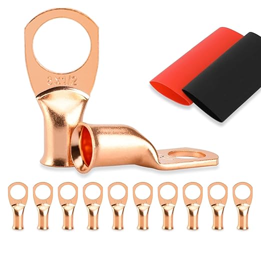 10PCS Battery Cable Ends, 8 Gauge Wire Connectors 1/2 Copper Wire Lugs, Bare Copper Eyelets with Heat Shrink Tubing by HOUSUN