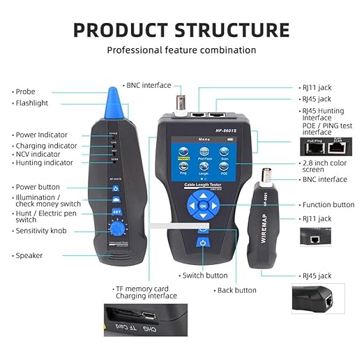 Network Cable Tester, NF-8601S TDR Multifunction LCD Tracer for RJ45, RJ11, BNC, Metal Cable, PING/POE Length Measurement Phone Line Tracer, Diagnostic Tool Tester