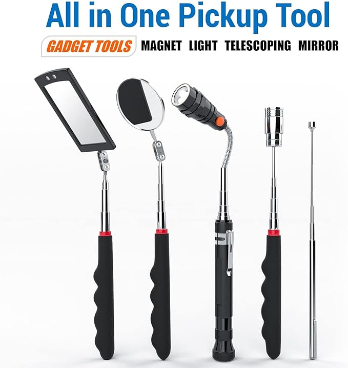 Telescoping Magnetic Pick Up Tool Magnetic Sweepers with 1 lb and 15 lb Pickup Rod, Round and Square 360 Swivel Adjustable Inspection Mirror and Flexible LED Flashlight, Birthday Gifts for Men, Dad