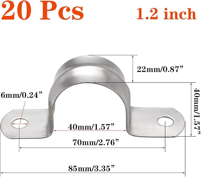 SDY 20 Pcs 1.2" Stainless Steel Pipe Strap, U Bracket, Heavy Duty Pipe Clamp (40mm)