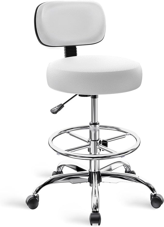 SUPERJARE Drafting Chair with Back, Adjustable Foot Rest Rolling Stool, Multi-Purpose Office Desk Chair, Thick Seat Cushion for Home Bar Kitchen Shop - White
