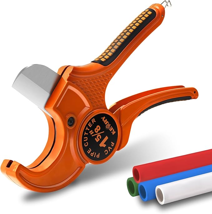Kerry PVC Pipe Cutter, Up to 1-5/8" Ratcheting Heavy-Duty PEX POLY PE Plastic Hoses and Plumbing Tube Cutting Tool, Sharp Stainless Steel Blades, Thicken Aluminum Body Extended Handle