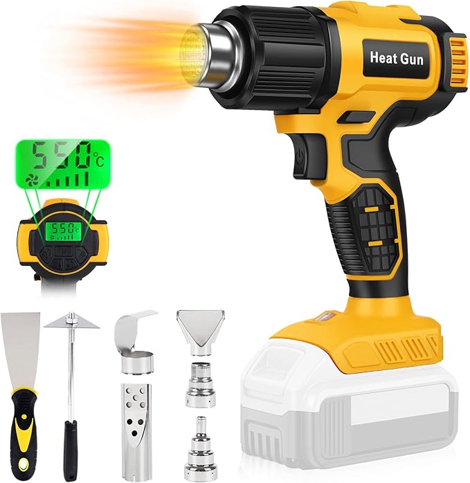 Compatible with Cordless Heat Gun Dewalt 20V Battery,LED Light,350W Fast Heating Hot Air Gun 122℉-1022℉ Variable Temperature Control,5 Nozzle for Craft Shrinking PVC Stripping Paint-No Battery