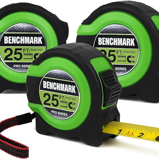 3 Pack - Tape Measures 25 ft - Easy to Read Fractions to 1/8th inch - Magnetic Tip - Thumb and Quick Lock - Autowind - Belt Clip - Green - Measuring Tape Retractable