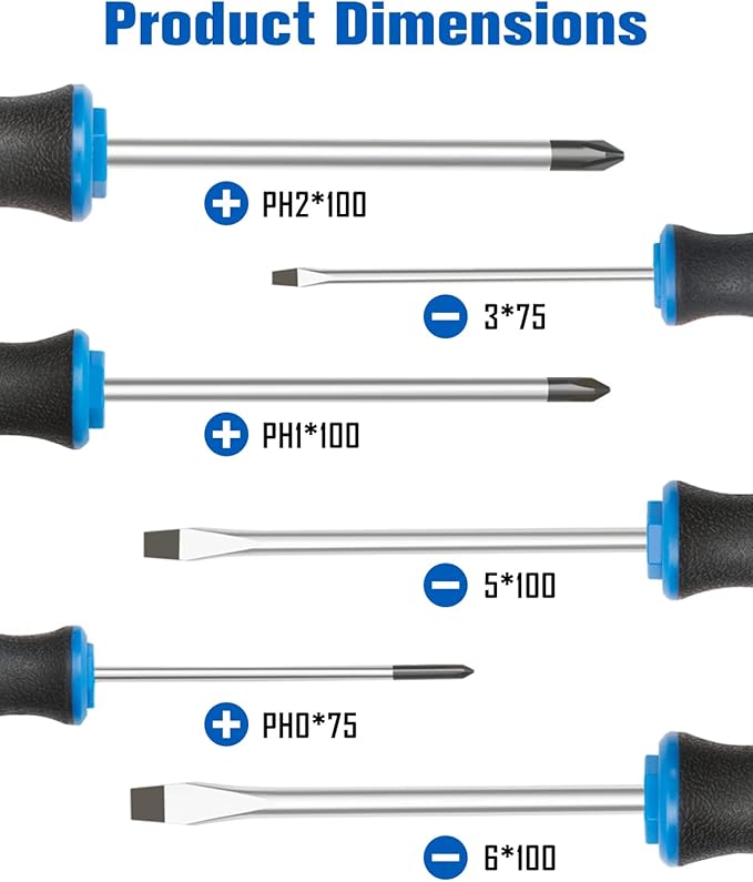 ROTATION 6PCS Magnetic Tip Screwdriver Set, 3 Phillips and 3 Flat, Professional Cushion Grip | 6-Piece Hand Tools Set