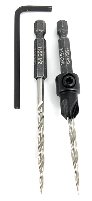 FTG USA Adjustable Wood Countersink Drill Bit #6 (9/64") with 1 Tapered Drill Bit for Woodworking