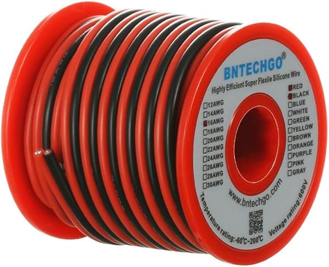 BNTECHGO 16 Gauge Flexible 2 Conductor Parallel Silicone Wire Spool Red Black High Resistant 200 deg C 600V for Single Color LED Strip Extension Cable Cord,Model,25ft Stranded Tinned Copper Wire