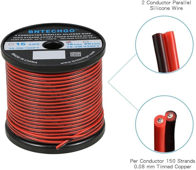 BNTECHGO 18 Gauge Flexible 2 Conductor Parallel Silicone Wire Spool Red Black High Resistant 200 deg C 600V for Single Color LED Strip Extension Cable Cord,Model,250ft Stranded Tinned Copper Wire