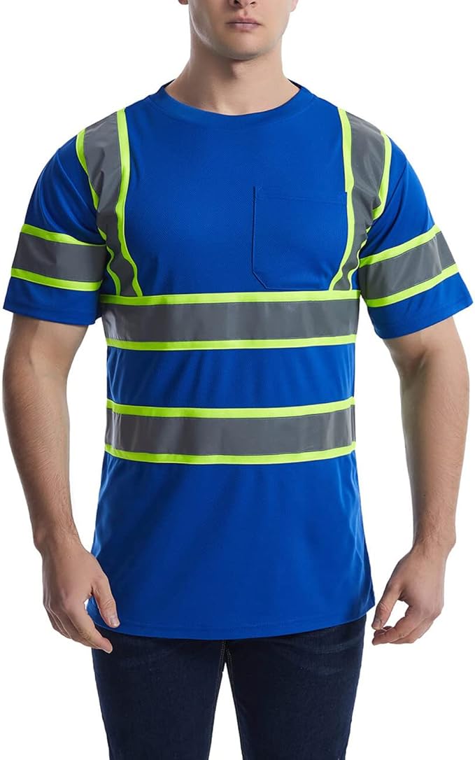 High Visibility Shirts Quick Dry Safety T Shirts with Reflective Strips and Pocket Short Sleeve Mesh Hi Vis Construction Work Class 2 Shirt for Men/Women Blue,XL