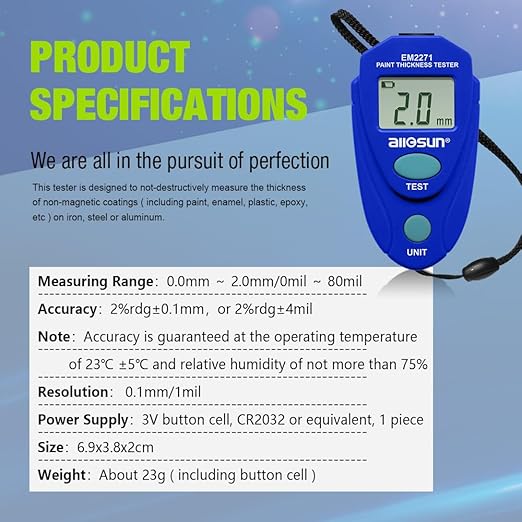 allsun EM2271 Portable Paint Coating Thickness Meter 0-2mm/80mil,Non-Destructive Coating Tester for Iron Steel Aluminum with Auto Shut-off
