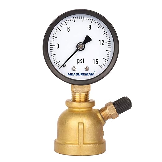 MEASUREMAN 2" Forged Brass Gas Pressure Test Gauge Assembly, 3/4" FNPT Connection, 0-15psi, +/-3-2-3% Accuracy