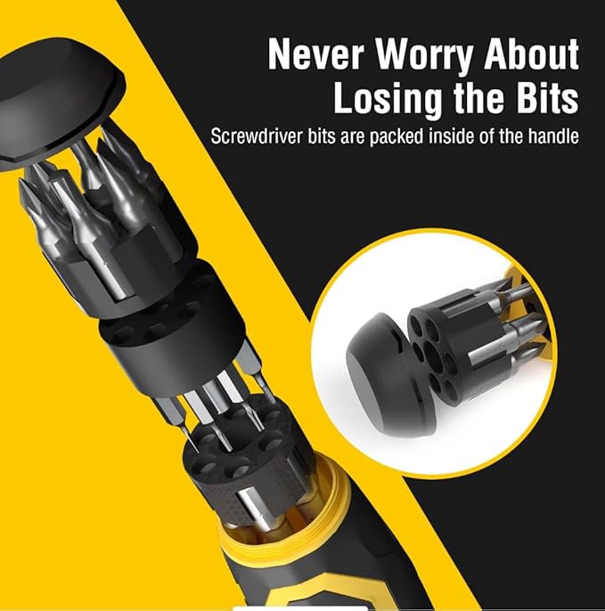 AZUNO 24 IN 1 Ratchet Screwdriver Set with Universal Socket, 20 CRV Bits Stored in Handle, 12+8 Slotted/Philips/Torx/Hex/Square Sand Blasted Bits and Chrome Plated Precision bits.