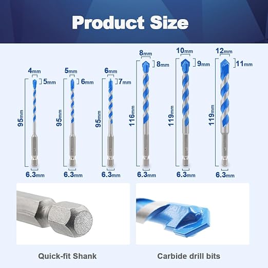 Carbide Drill Bit Set - Dry Drill Bit Set for Masonry, Concrete, Bricks, Wood, Plastic etc(12MM*5Quick-fit Shank)