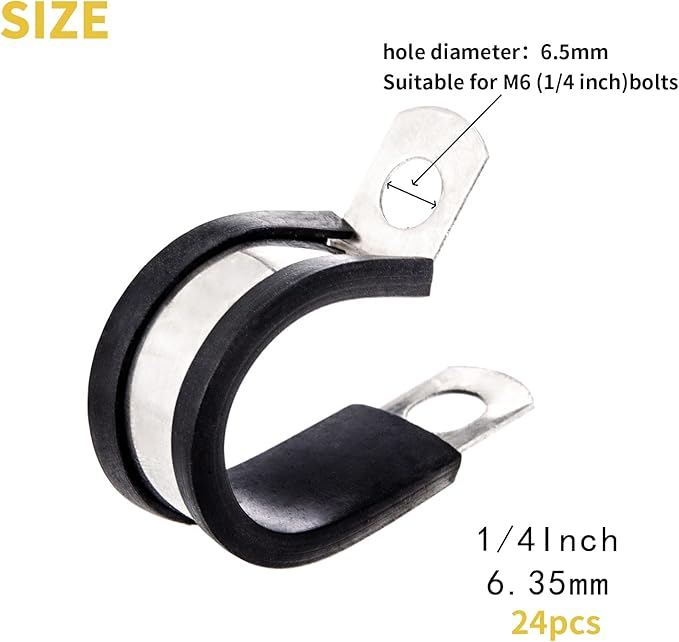 24pcs Wire Clamps 1/4 Inch, Stainless Steel 304 Cable Clamps Rubber Cushion, Pipe Clamp for wiring, lines, hoses and cables