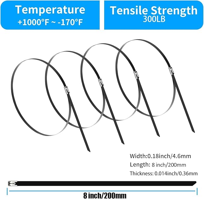 XINGO 8 inch Metal Zip Ties (200 Pack), 304 Stainless Steel Heavy Duty Zip Ties, 300lbs Tensile Strength, Multi-Purpose Self-locking Cable Ties for Exhaust Wrap, Outdoor and Canopy Etc