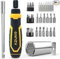 AZUNO 24 IN 1 Ratchet Screwdriver Set with Universal Socket, 20 CRV Bits Stored in Handle, 12+8 Slotted/Philips/Torx/Hex/Square Sand Blasted Bits and Chrome Plated Precision bits.