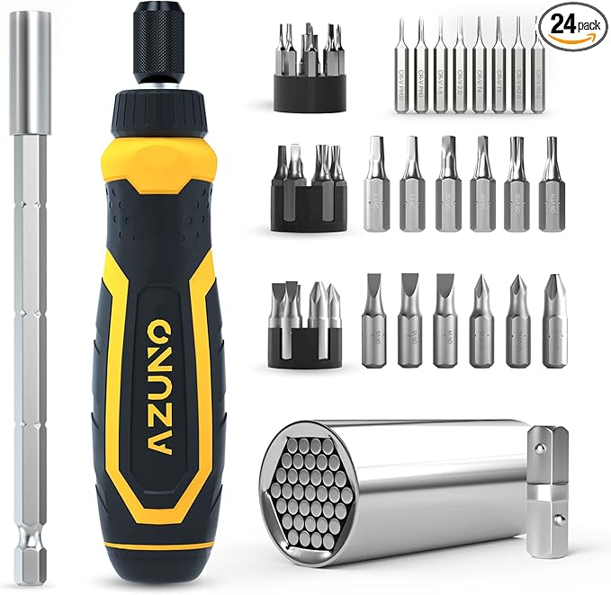 AZUNO 24 IN 1 Ratchet Screwdriver Set with Universal Socket, 20 CRV Bits Stored in Handle, 12+8 Slotted/Philips/Torx/Hex/Square Sand Blasted Bits and Chrome Plated Precision bits.