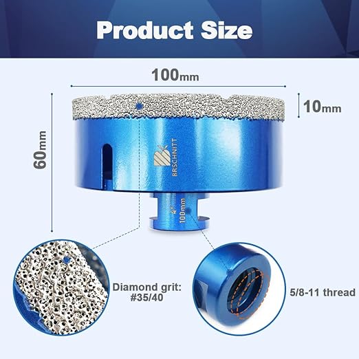4 Inch Diamond Core Drill Bit for Porcelain Tile Ceramic Marble Granite Drilling,BRSCHNITT 2pcs Vacuum Brazed Diamond Hole Saw with 5/8-11 Thread (100mm 2pcs)