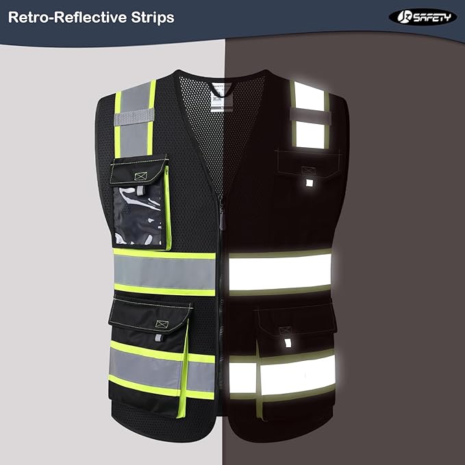 JKSafety Hi Vis Reflective Safety Vests for Men Women High Visibility Vest with Pockets Mesh Fabric Construction Safety Apparel Neon Vest for Work (220-Black M)