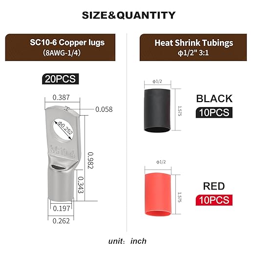 Thick Copper Electric Wire Lugs,20Pcs Tinned Copper Gauge 8Awg-1/4(M6) Ring Heavy Duty Battery Cable Lugs Ends Ring Terminals Connectors with 20Pcs 3:1 Heat Shrink Tubing Assortment Kit