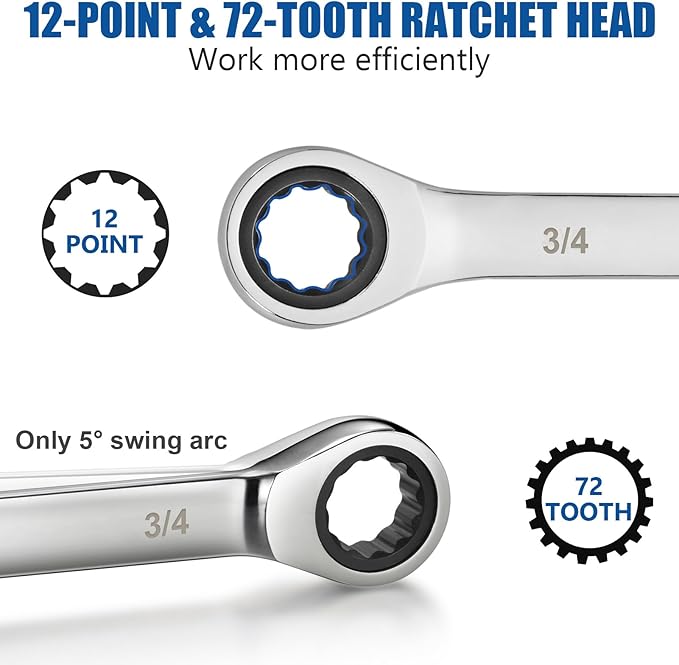 XJX 24PCS Ratcheting Combination Wrench Set | SAE & Metric | 12 Point | 1/4”to 7/8” and 8-19mm | CR-V Steel | Ratchet Wrenches Set with Portable Roll-Up Pouch