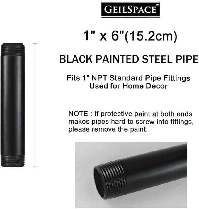 GeilSpace 1" × 6" Pre-Cut Black Metal Pipe, Industrial Steel Fits Standard One Inch Threaded Pipes and Fittings - Vintage DIY Industrial Shelving (1" × 6", Black)