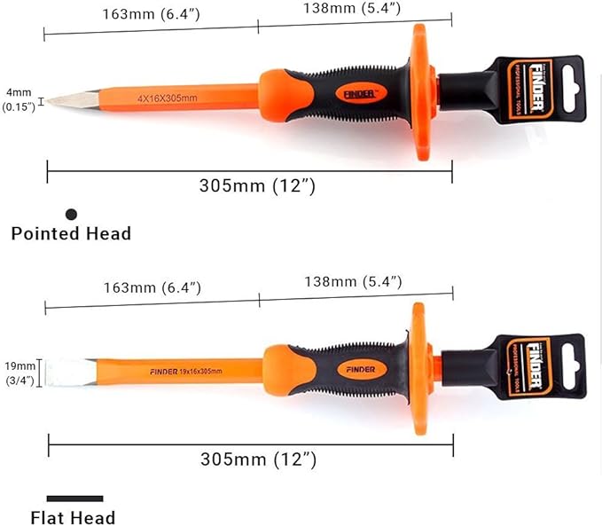 Finder 2 pcs 12-Inch Heavy Duty Chisels Set With Hand Protection, Flat Head and Pointed/Spear Head, Demolishing/Masonry/Carving/Concrete Breaker Chisels set with Bi-Material Hand Guard …