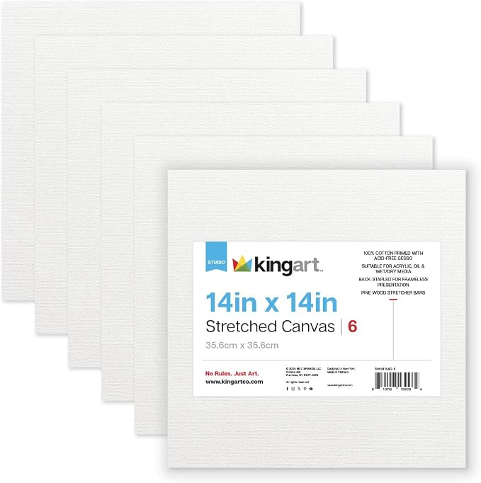KINGART Stretched White Canvas Set – Square, 14x14 Inch, Triple Gesso Primed – by KINGART