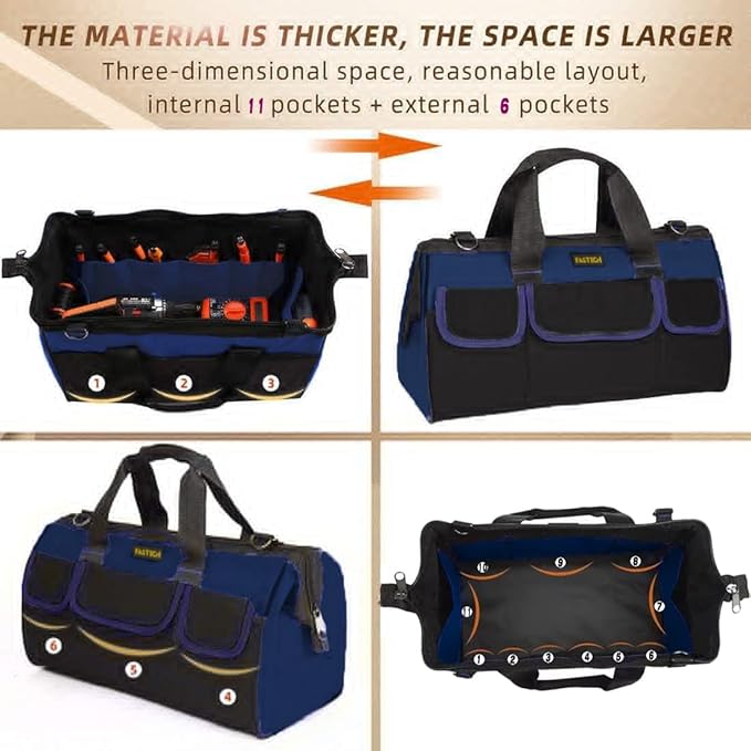 20 Inch Heavy Duty Tools Bag with Wide Mouth for Tool Storage, Carrier and Organizer,Tote Bag for Men/Women, Wide Mouth Tool Bags With Inside Pockets (20 Inch)