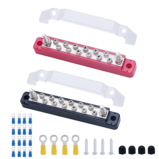 Bus Bar Terminal Block 12V Power Distribution Block with 2 x 1/4" Posts and 12 x #8 Screws Terminals Marine Bus Bar with Ring Terminals Cover for Automotive Car Boat RV Truck (Red, Black)