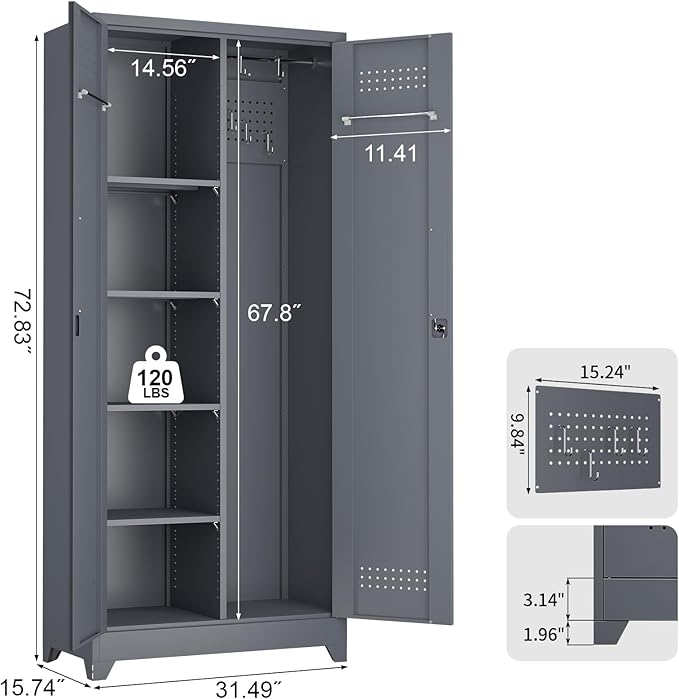 72.8" H Metal Storage Cabinet with Lockable Doors, Functional Garage Storage Cabinets, Cleaning Supply Tool Cabinets with Removable Pegboard Hanging Rod & S-Hooks, Grey
