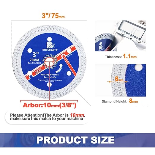 Diamond Saw Blades for Cutting Wood Metal Stones,4pcs 3inch（75mm） with Arbor10mm Dry/Wet Continuous Rim Diamond Cutting Disc for Granite Marble Stone Hard Concrete Reinforced Concrete