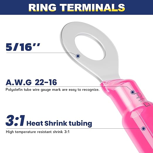 haisstronica 200PCS Heat Shrink Ring Terminals 5/16" Marine Grade Wire Connectors Red AWG 22-16 Gauge, Tinned Red Copper 0.7mm Resistant Ring Connectors, Brazed-Seam Insulated Electrical Crimp